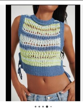 ZARA Blue Knit Openwork Sweater with Lime Accents